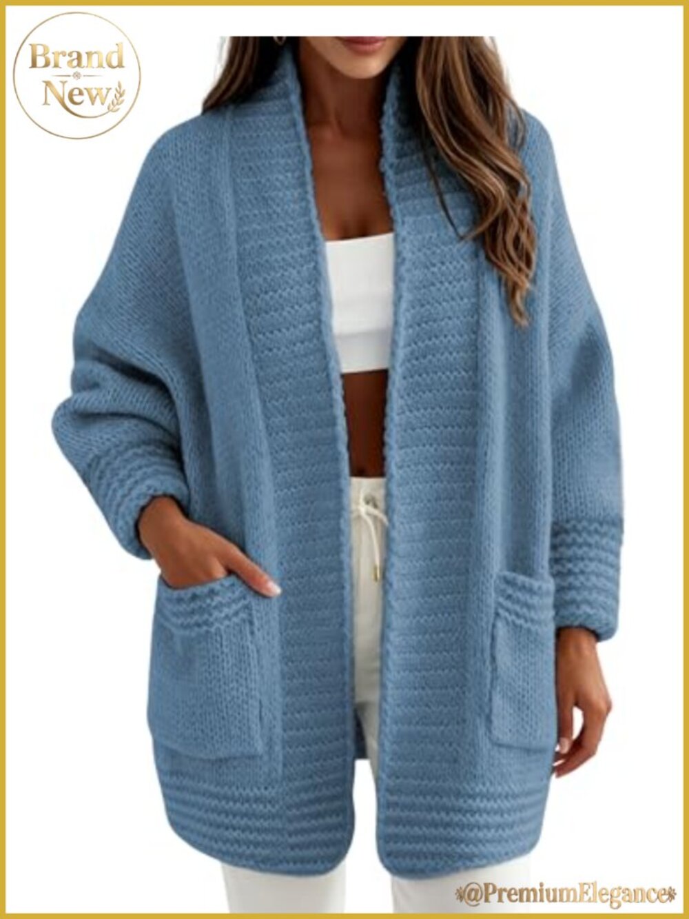 Open Front Chunky Knit Cardigan Sweater with Pockets Long Sleeve
